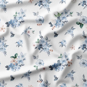 Fabric by the Yard - Soft Blue and White Floral Watercolor Design on White Background, Ideal for Quilting, Home Decor, and Sewing Projects