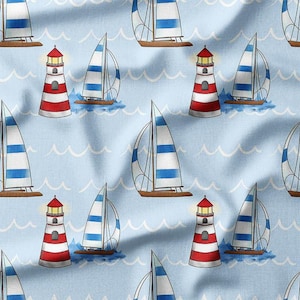 Nautical Sailboat and Lighthouse Print Fabric by the Yard - Cotton Knit Jersey Sateen Poplin Linen Muslin for DIY and Home Decor - Boys Kids