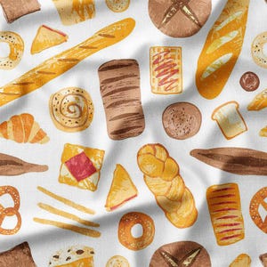 Bakery Bread and Pastries on White Cotton Fabric by the Yard - Fun and Whimsical Design for Quilting, Sewing, and Kitchen Decor