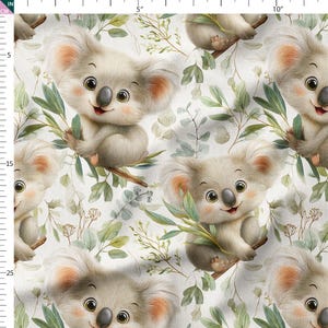 May include: A repeating pattern featuring cartoon koala bears on branches, with green leaves and foliage. The koalas have grey fur, large eyes, and pink ears. The background is a soft white colour.