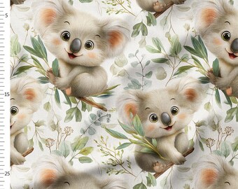 Baumwollstoff in großen Mengen – Koalas mit Eukalyptusblättern auf cremefarbenem Grund – Tiermuster für Kinderzimmer