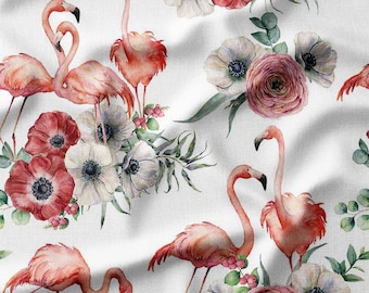 Cotton Fabric by the Yard - Elegant Flamingos and Watercolor Florals on White Background, Perfect for Home Decor Sewing Projects, and Crafts