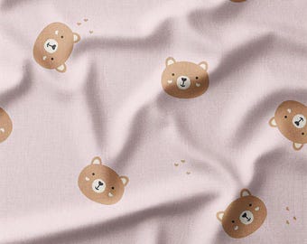 Cute Bear Faces Cotton Fabric by the Yard Bear Pattern in Soft Pink Design for Sewing, Quilting, Baby Bedding, Nursery, Home Decor and DIY