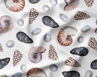 Fabric by the Yard - Watercolor Nautical Shells and Stones on White Cotton Fabric - Perfect for Coastal Quilting, Sewing, and Home Decor