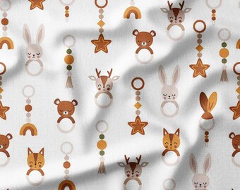 Woodland Animals and Toys Cotton Fabric by the Yard - Cute Foxes, Bears, and Deer with Rattles for Kids' Quilting and Sewing Projects