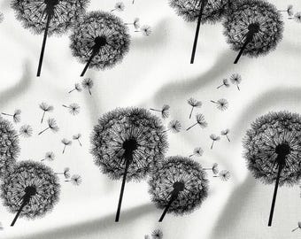 Cotton Fabric by the Yard – Black Silhouette Dandelions with Floating Seeds on White – Minimalist Scandinavian