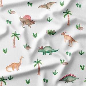 Watercolor Dinosaurs and Palm Trees on White Cotton Fabric by the Yard – Fun Prehistoric Design for Kids&#39; Quilting, Pillows, Nursery Decor