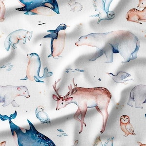 Arctic and Antarctic Animals on White Cotton Fabric by the Yard – Polar Bears, Penguins, Seals, and Reindeer Design for Quilting, Pillows