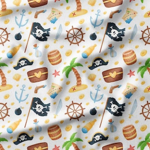 Pirate Adventure Cotton Fabric by the Yard – Treasure Maps, Pirate Flags, and Anchors, Perfect for Kids&#39; Room Decor, Clothing, and Crafts