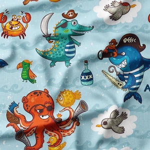 Pirate Animals on Blue Ocean Waves Cotton Fabric by the Yard - Fun and Playful Design for Kids&#39; Quilting, Sewing, and Craft Projects
