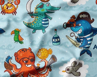 Pirate Animals on Blue Ocean Waves Cotton Fabric by the Yard - Fun and Playful Design for Kids' Quilting, Sewing, and Craft Projects