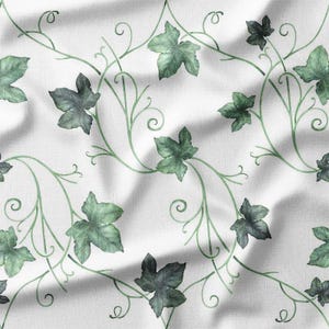 Green Ivy Vines with Delicate Swirls on White Cotton Fabric by the Yard - Graceful Botanical Design for Quilting, Sewing, Curtains, Bedding
