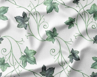 Green Ivy Vines with Delicate Swirls on White Cotton Fabric by the Yard - Graceful Botanical Design for Quilting, Sewing, Curtains, Bedding