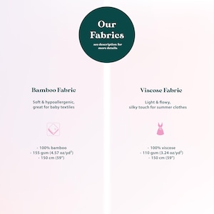The image is a collage of two fabric images, one depicting bamboo fabric and the other showing visose fabric. The bamboo fabric is described as soft and hypoallergenic, great for baby textiles, and has a 100% bamboo content, weighing between 150 gm (57 oz) and 110 gm (3.24 oz) per yard. The visose fabric is described as light and flowy, silky touch for summer clothes, and has a 100% visose content, weighing between 110 gm (3.24 oz) and 150 gm (57 oz) per yard.