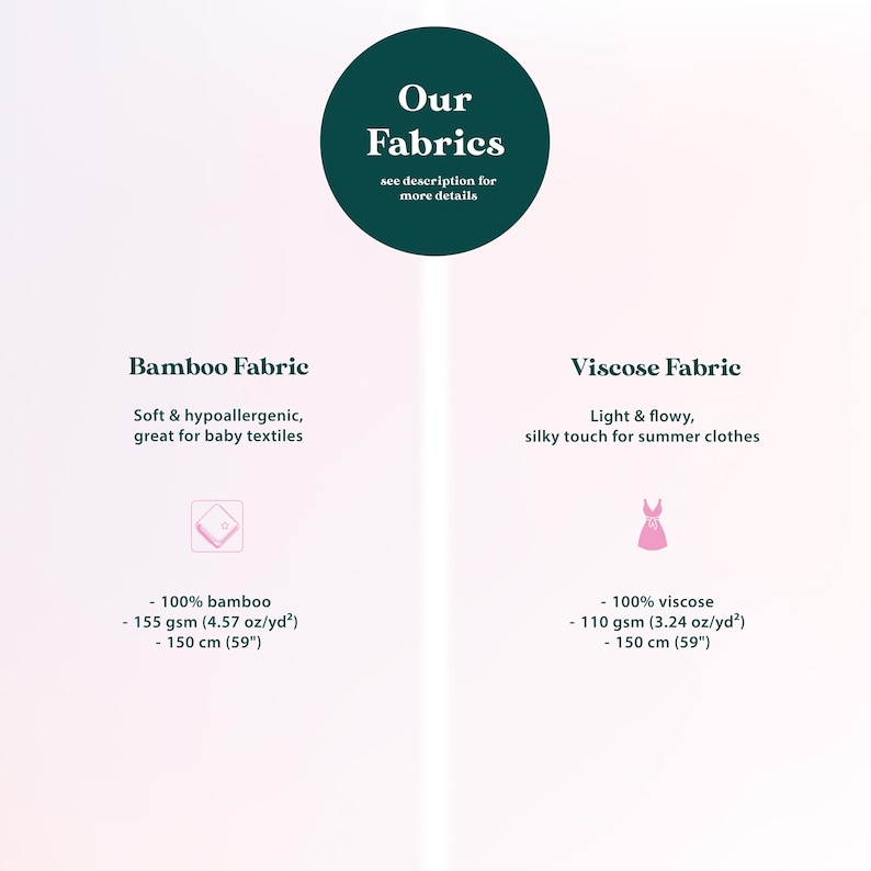 The image is a collage of two fabric images, one depicting bamboo fabric and the other showing visose fabric. The bamboo fabric is described as soft and hypoallergenic, great for baby textiles, and has a 100% bamboo content, weighing between 150 gm (57 oz) and 110 gm (3.24 oz) per yard. The visose fabric is described as light and flowy, silky touch for summer clothes, and has a 100% visose content, weighing between 110 gm (3.24 oz) and 150 gm (57 oz) per yard.