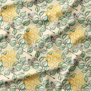Honey Bees and Green Leaves Cotton Fabric by the Yard Honeycomb and Leaf Design on Cream for Sewing, Quilting, Home Decor and DIY Projects