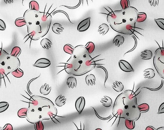 Gray Mouse Cotton Fabric by the Yard Adorable Cartoon Mice with Leaves Design For Kids Sewing Supplies Fabric for Quilting Bedding DIY