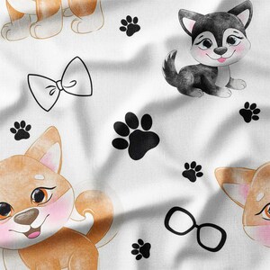 Cute Cartoon Dogs with Paw Prints and Bows Cotton Fabric by the Yard Perfect for Kids Quilting, Bedding, Curtains, and DIY Projects