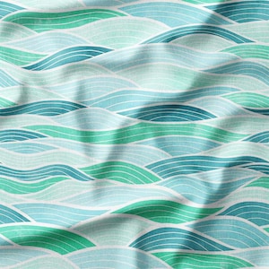Fabric by the Yard – Aqua and Teal Wave Pattern on White Cotton Fabric – Perfect for Coastal Quilting, Sewing, and Home Decor Projects