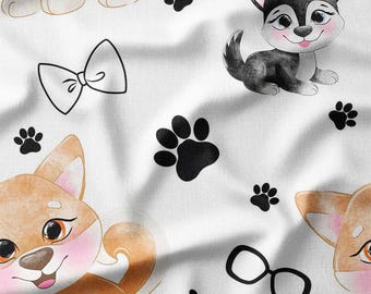 Cute Cartoon Dogs with Paw Prints and Bows Cotton Fabric by the Yard Perfect for Kids Quilting, Bedding, Curtains, and DIY Projects
