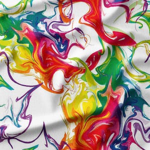 Colorful Abstract Swirl Pattern on White Cotton Fabric by the Yard - Vibrant Rainbow Design Perfect for DIY Projects, Quilting, Home Decor