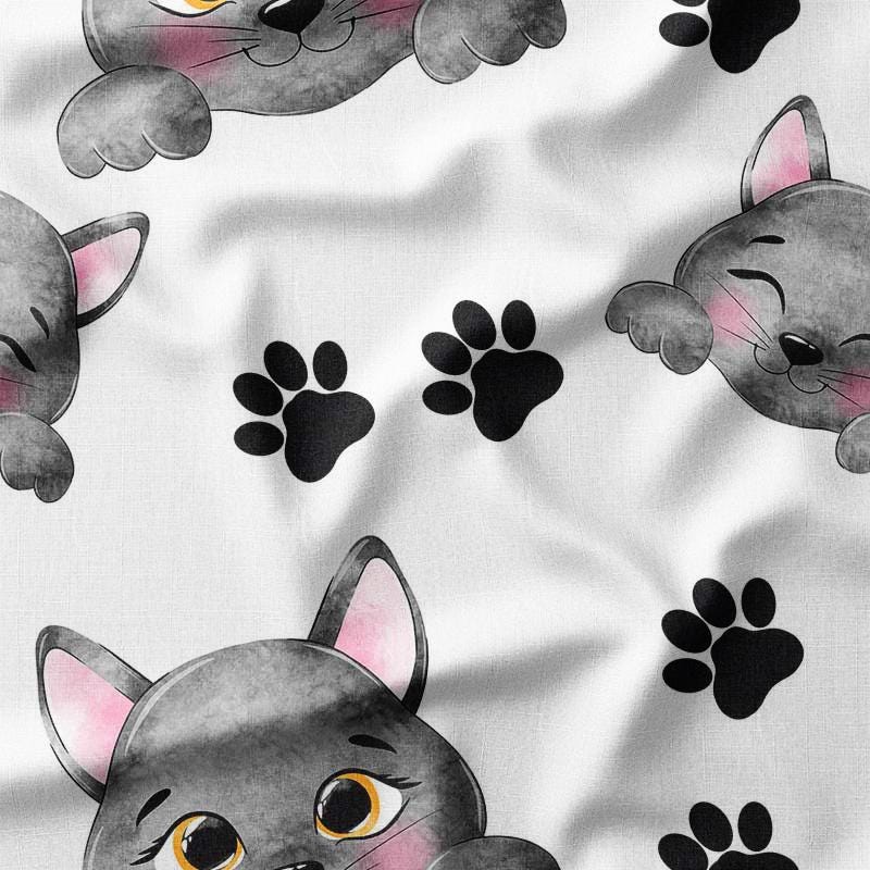 Adorable Gray Kittens and Paw Prints on White Cotton Fabric by the Yard – Perfect for Kids' Sewing, Pet-Themed Projects, and Quilting
