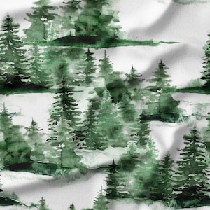 Watercolor Pine Trees on White Cotton Fabric by the Yard – Serene Forest Design for Quilting, DIY Crafts, and Home Decor