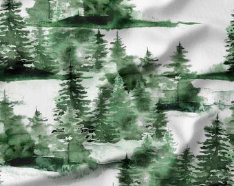 Watercolor Pine Trees on White Cotton Fabric by the Yard – Serene Forest Design for Quilting, DIY Crafts, and Home Decor