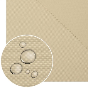 May include: A tan fabric sample with a close-up of water droplets, demonstrating its waterproof qualities. The material has a textured weave and a neutral colour, suitable for various uses. The droplets are clear and reflect light.