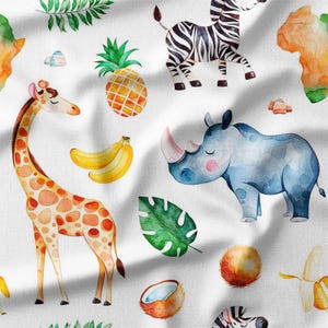 Safari Animals Cotton Fabric by the Yard Cute Giraffe Zebra Rhino and Jungle Fruits Design for Sewing Quilting Home Decor, and Baby Projects