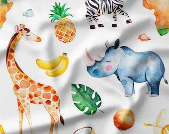 Safari Animals Cotton Fabric by the Yard Cute Giraffe Zebra Rhino and Jungle Fruits Design for Sewing Quilting Home Decor, and Baby Projects