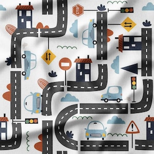 Cotton Fabric by the Yard – Playful Roads and Cars Pattern on White – Perfect for Boys' Quilting, Sewing, and Nursery Decor
