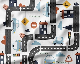 Cotton Fabric by the Yard – Playful Roads and Cars Pattern on White – Perfect for Boys' Quilting, Sewing, and Nursery Decor