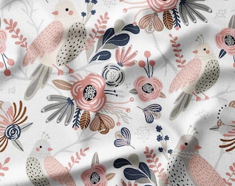 Floral and Birds on White Cotton Fabric by the Yard – Elegant Design for Quilting, Clothing, and Home Decor