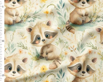 Cotton Fabric by the Yard, Baby Raccoons with Wildflowers, Cream Boho Woodland Nursery