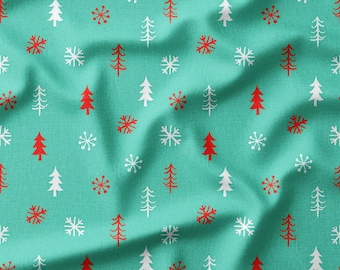 Red and White Christmas Trees on Teal Cotton Fabric by the Yard - Festive Holiday Pattern with Snowflakes for Quilting and Sewing Projects