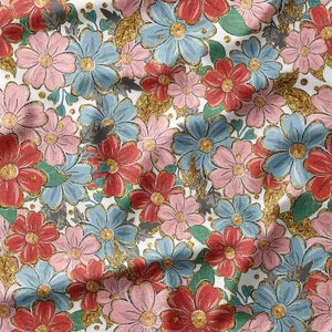 Vintage Floral Cotton Fabric by the Yard - Red, Pink, and Blue Flowers with Gold Accents for Quilting, Sewing, and Crafts