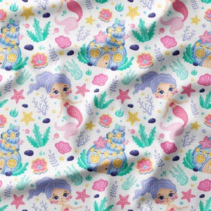 Mermaid and Underwater Castle on White Cotton Fabric by the Yard - Whimsical Design for Kids Crafts, Quilting, Sewing, and Home Decor