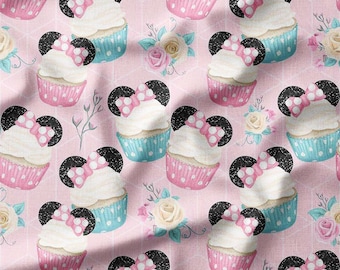 Cotton Fabric by the Yard - Pink and Blue Cupcakes with Minnie Ears on Light Pink - Perfect for Quilting, Sewing, and Kids' Projects