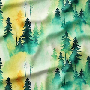Forest Watercolor Forest Pine Tree Cotton Fabric by the Yard – Perfect for Nature-Themed Quilting, Home Decor, and DIY Sewing Projects