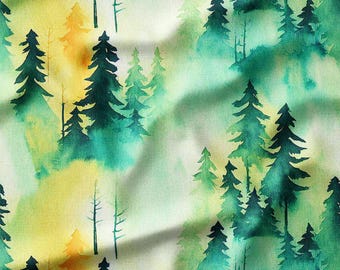 Forest Watercolor Forest Pine Tree Cotton Fabric by the Yard – Perfect for Nature-Themed Quilting, Home Decor, and DIY Sewing Projects