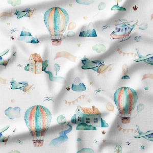 Adventure in the Sky Cotton Fabric by the Yard Hot Air Balloons, Airplanes, and Helicopters Design for Kids Sewing, Quilting and DIY