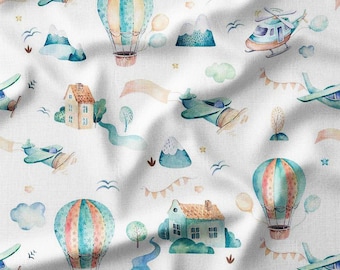 Adventure in the Sky Cotton Fabric by the Yard Hot Air Balloons, Airplanes, and Helicopters Design for Kids Sewing, Quilting and DIY