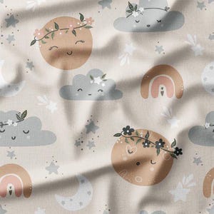 Sun Moon and Cloud Cotton Fabric by the Yard Adorable Celestial Clouds and Flowers on Beige Sewing Fabric for Quilting Bedding and DIY