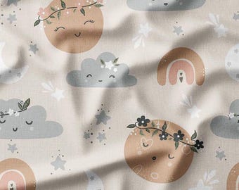 Sun Moon and Cloud Cotton Fabric by the Yard Adorable Celestial Clouds and Flowers on Beige Sewing Fabric for Quilting Bedding and DIY