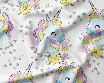 Cute Unicorn Cotton Fabric by the Yard Cute Animal Unicorns with Flowers and Stars Floral Design Sewing Fabric for Kids Crafts and Curtains