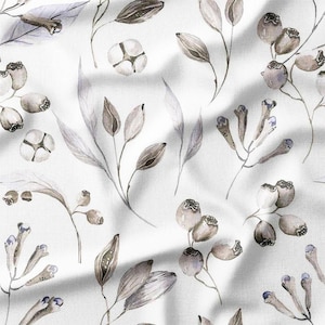 Cotton Fabric by the Yard – Eucalyptus & Seed Sprigs – Neutral Botanical Design