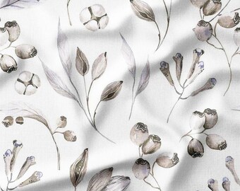 Cotton Fabric by the Yard – Eucalyptus & Seed Sprigs – Neutral Botanical Design