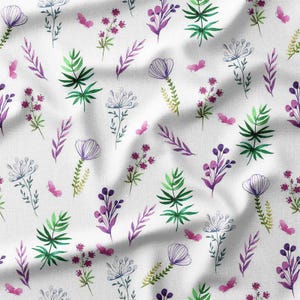 Delicate Purple and Green Wildflowers with Pink Butterflies on White Cotton Fabric by the Yard - Floral and Nature Design for DYI, Sewing