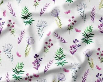 Delicate Purple and Green Wildflowers with Pink Butterflies on White Cotton Fabric by the Yard - Floral and Nature Design for DYI, Sewing